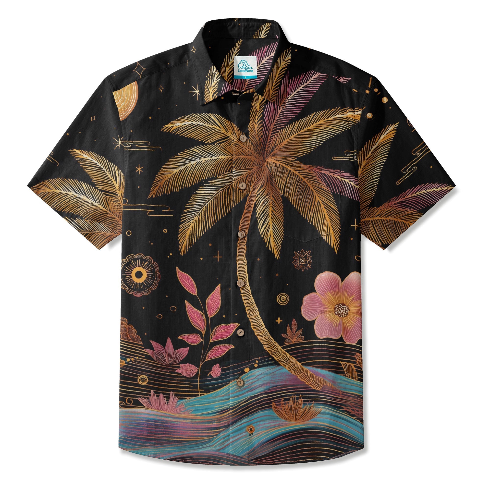 LeosWare® Men's Hawaiian Shirt Short Sleeve Button-up Breathable & Quick-Dry Aloha Moonlit Palm