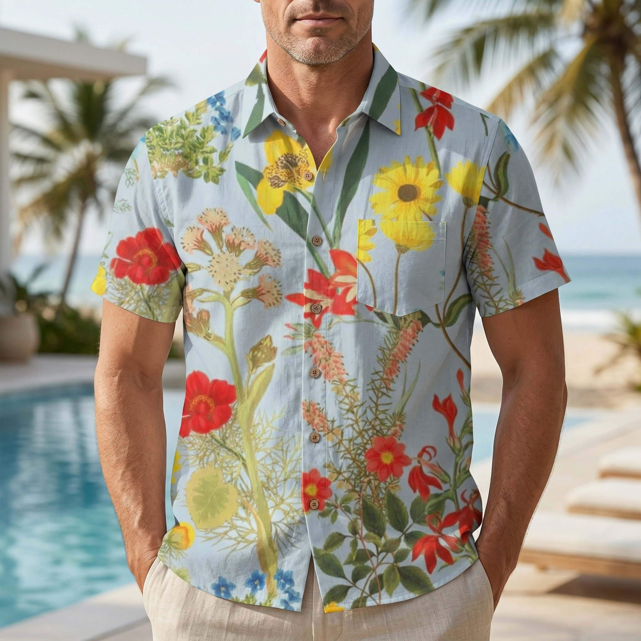 LeosWare® Men's Hawaiian Shirt Short Sleeve Button-up 95% Polyester, 5% Spandex Aloha Floral Drift