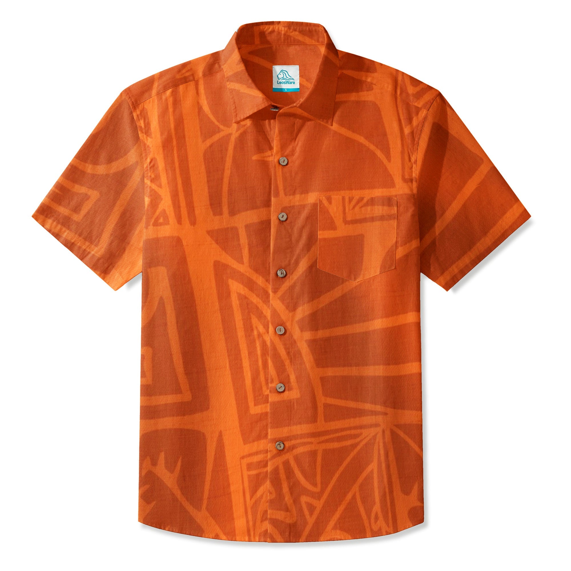 LeosWare® Men's Hawaiian Shirt Short Sleeve Button-up 95% Polyester, 5% Spandex Aloha Ember Tiki