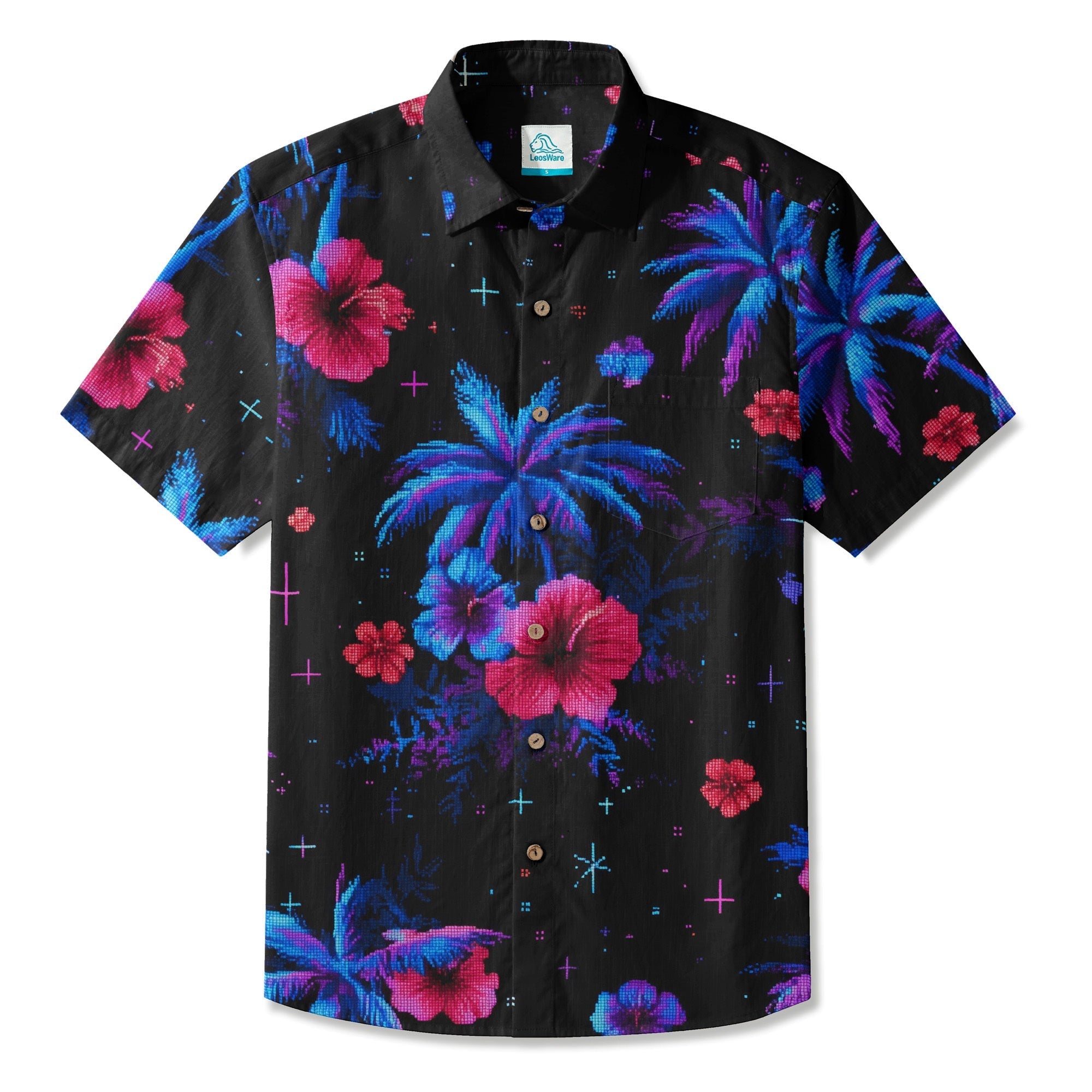 LeosWare® Men's Hawaiian Shirt Short Sleeve Button-up Breathable & Quick-Dry Aloha Glowing Tropics