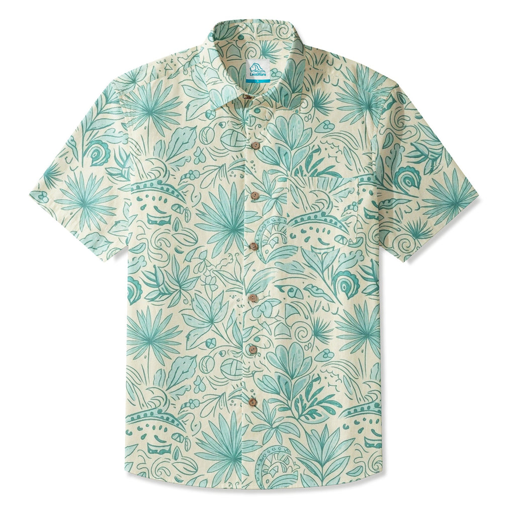 LeosWare® Men's Hawaiian Shirt Short Sleeve Button-up 95% Polyester, 5% Spandex Aloha Mint Isle