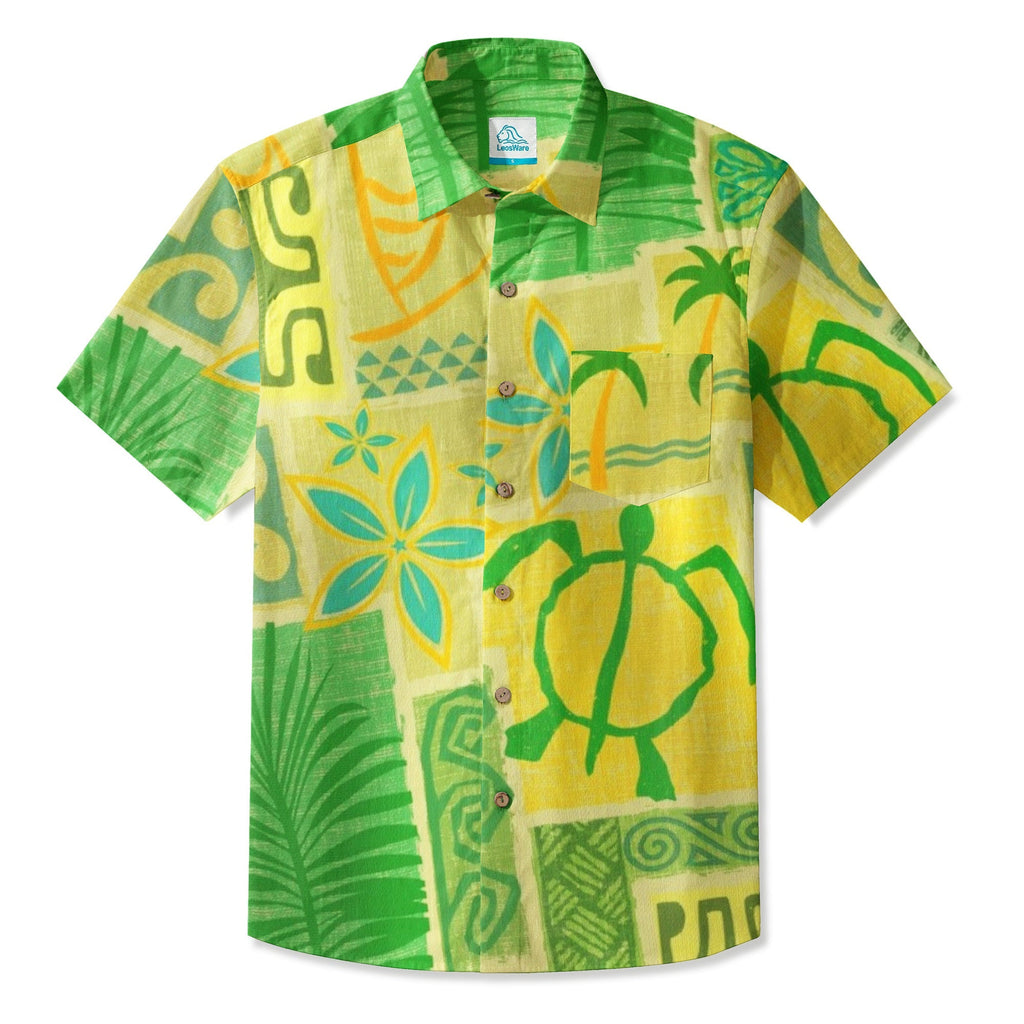 LeosWare® Men's Hawaiian Shirt Short Sleeve Button-up Breathable & Quick-Dr Aloha Tiki Mood(Palm Green)