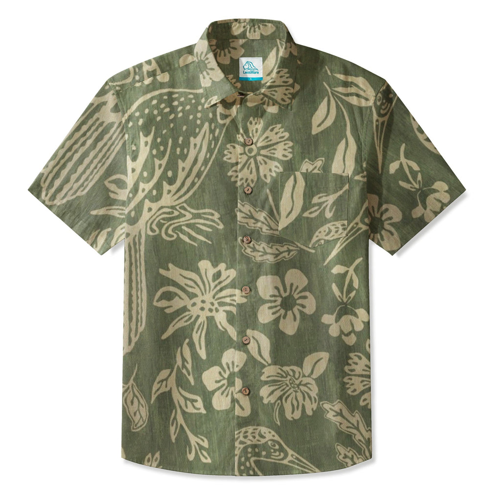 LeosWare® Men's Hawaiian Shirt Short Sleeve Button-up 95% Polyester, 5% Spandex Aloha Olive Wing