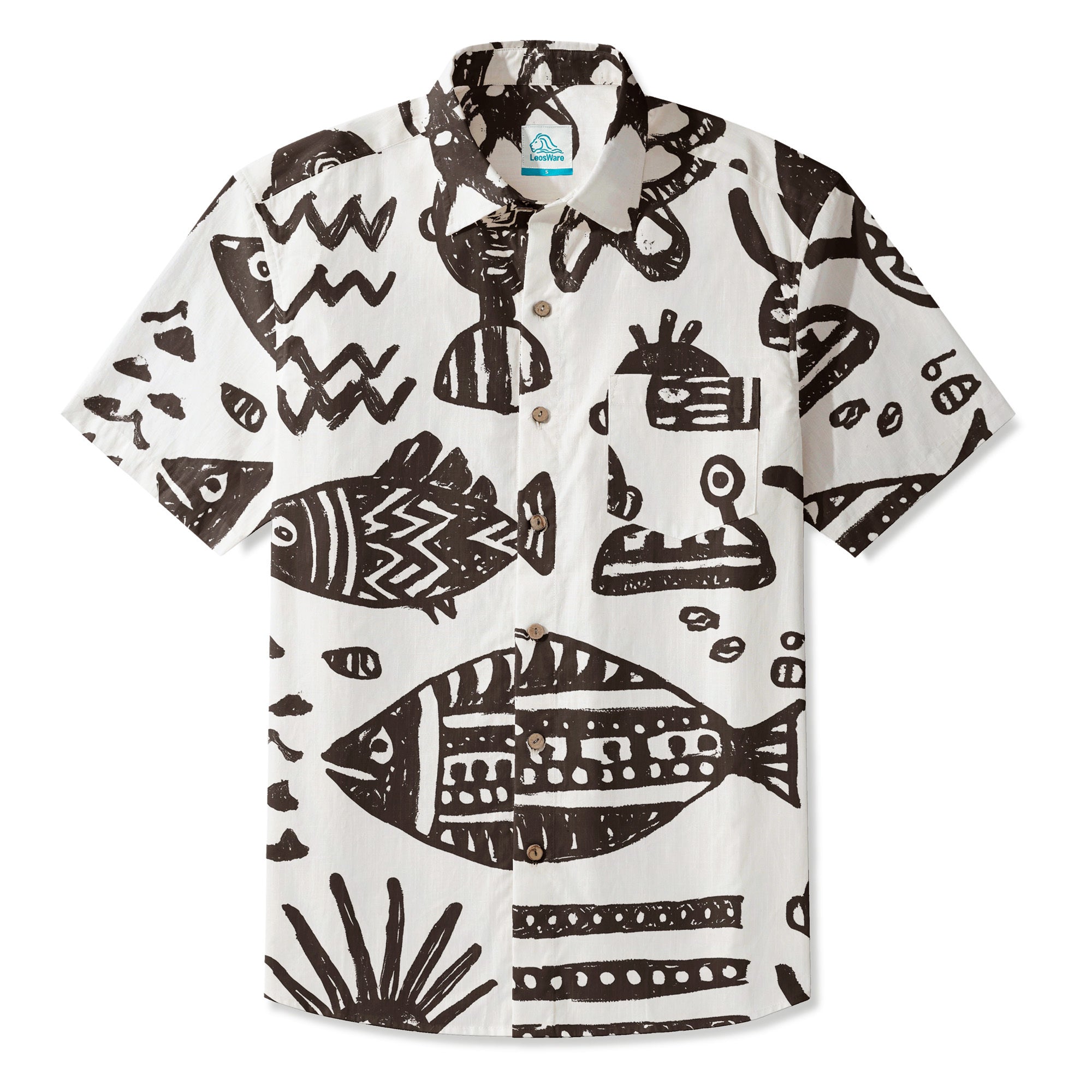 LeosWare® Men's Hawaiian Shirt Short Sleeve Button-up 95% Polyester, 5% Spandex Aloha Ink Tides