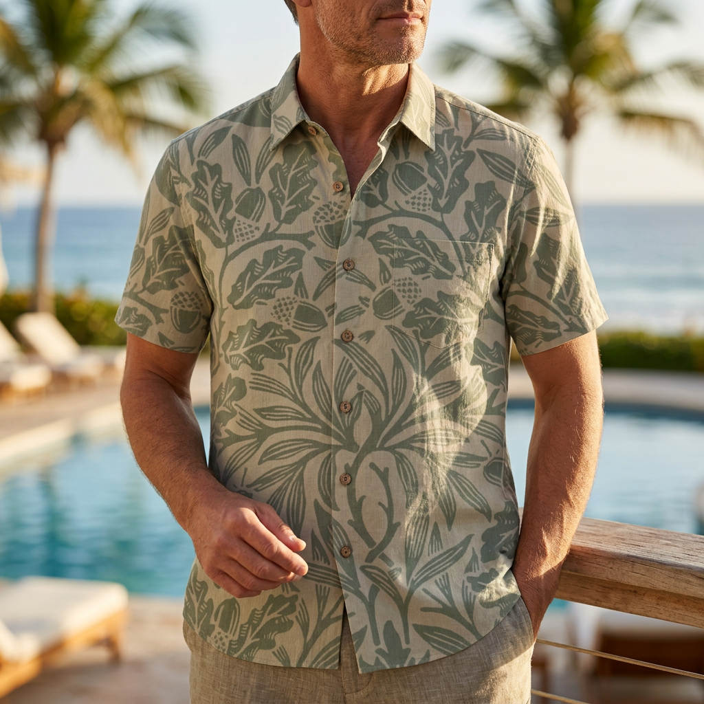 LeosWare® Men's Hawaiian Shirt Short Sleeve Button-up Breathable & Quick-Dry Aloha Oak Grove