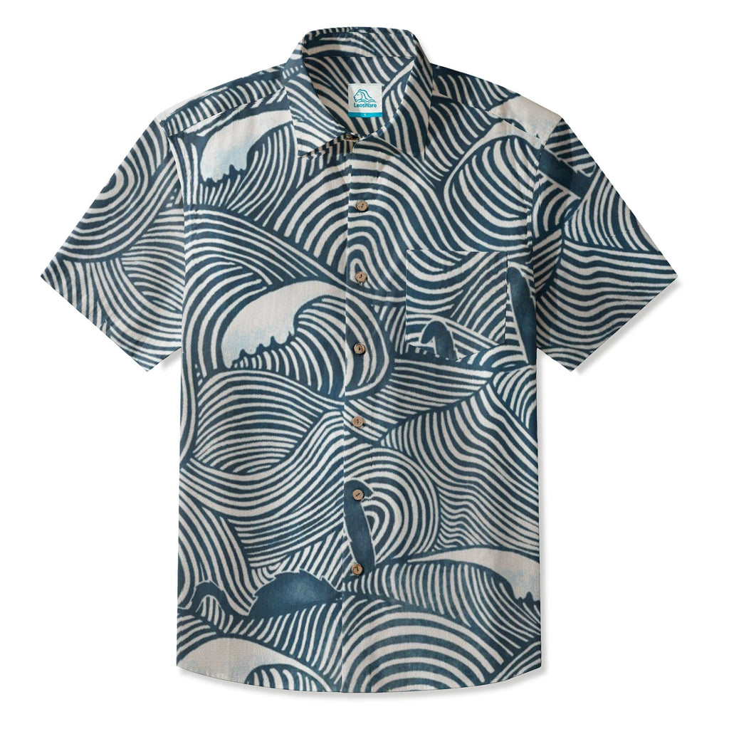 LeosWare® Men's Hawaiian Shirt Short Sleeve Button-up 95% Polyester, 5% Spandex Aloha Tidal Flow