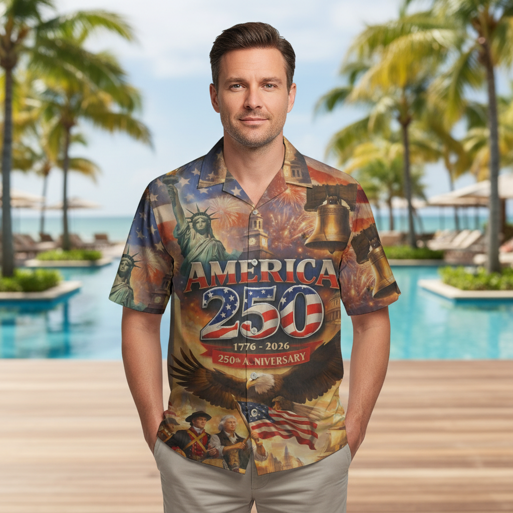 LeosWare® Men's Hawaiian Shirt Short Sleeve Button-up Breathable & Quick-Dry Aloha 250th Anniversary Celebration Of Us Independence Day
