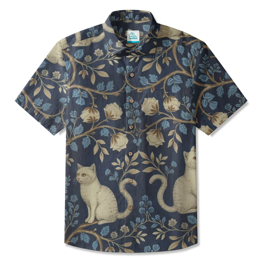 LeosWare® Men's Hawaiian Shirt Short Sleeve Button-up Breathable & Quick-Dry Aloha Ivory Cats