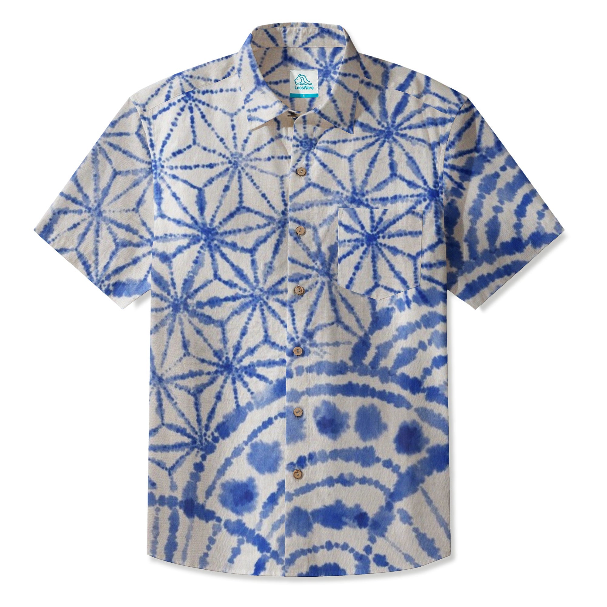 LeosWare® Men's Hawaiian Shirt Short Sleeve Button-up 95% Polyester, 5% Spandex Aloha Azure Swells