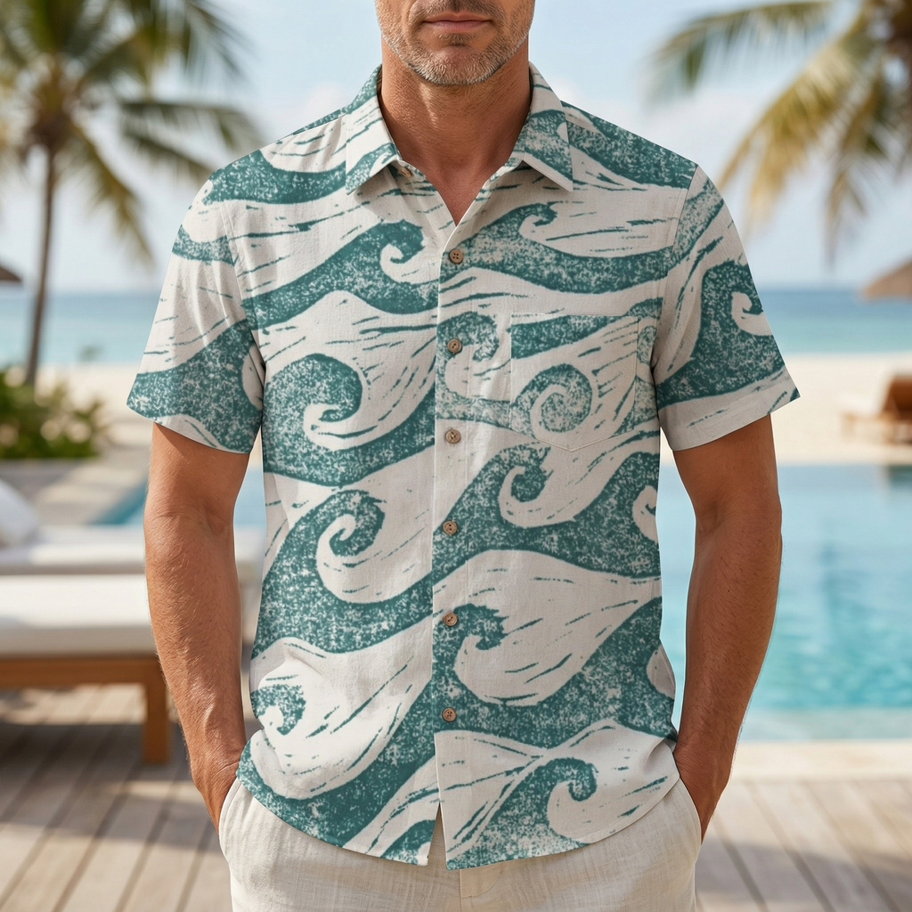 LeosWare® Men's Hawaiian Shirt Short Sleeve Button-up 95% Polyester, 5% Spandex Aloha Ocean Rhythms