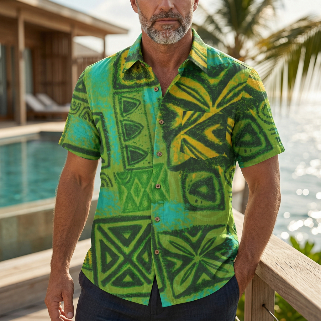 LeosWare® Men's Hawaiian Shirt Short Sleeve Button-up 95% Polyester, 5% Spandex Aloha Wilderness-themed Tiles