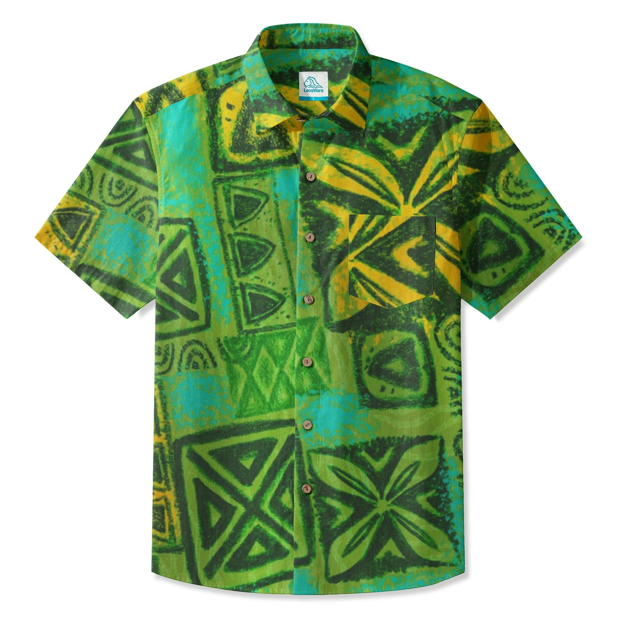 LeosWare® Men's Hawaiian Shirt Short Sleeve Button-up 95% Polyester, 5% Spandex Aloha Wilderness-themed Tiles