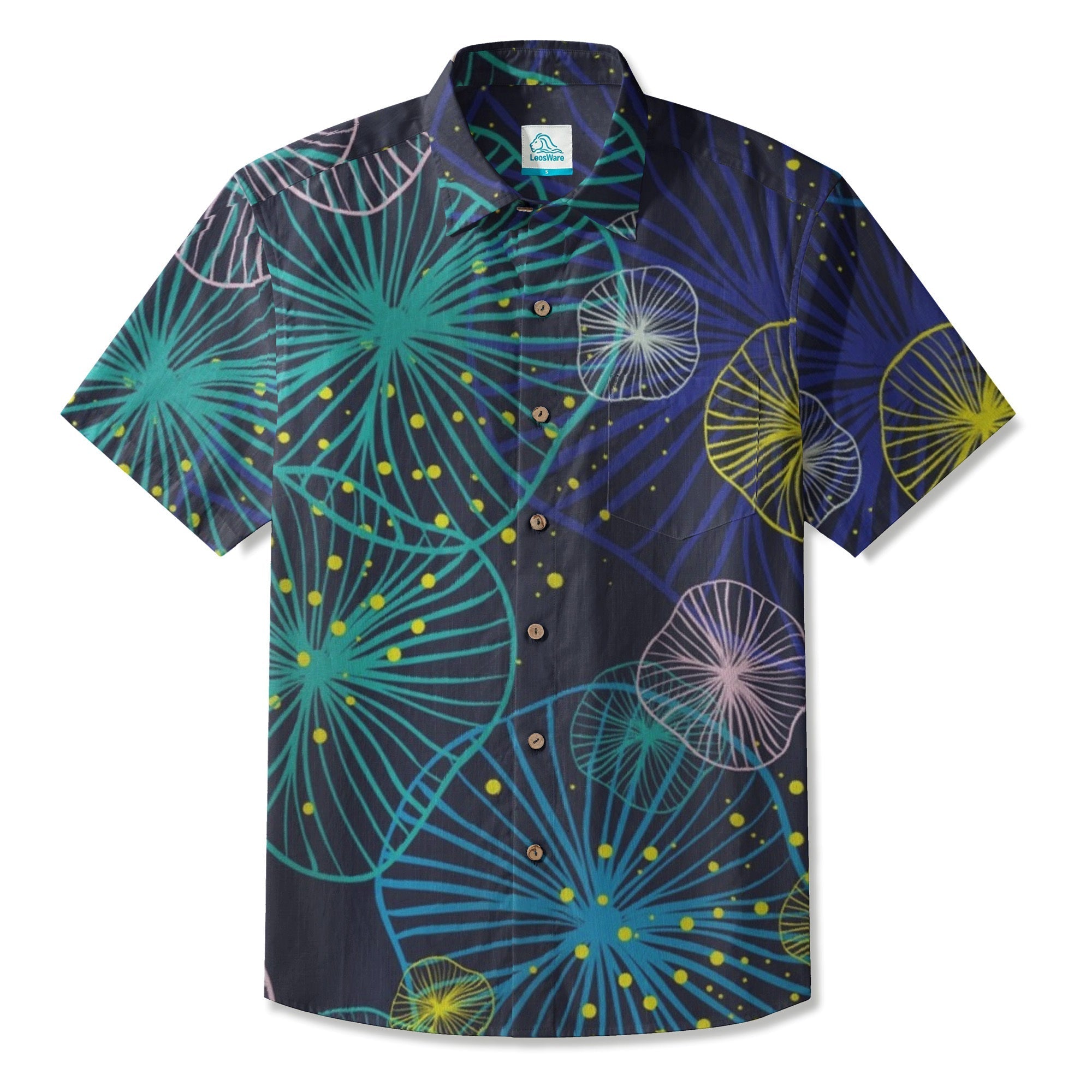 LeosWare® Men's Hawaiian Shirt Short Sleeve Button-up Breathable & Quick-Dry Aloha Neon Drift