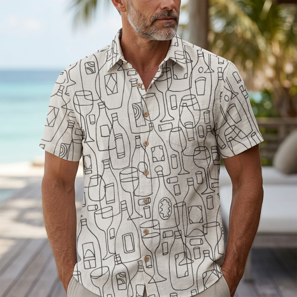 LeosWare® Men's Hawaiian Shirt Short Sleeve Button-up Breathable & Quick-Dry Aloha Wine O'clock