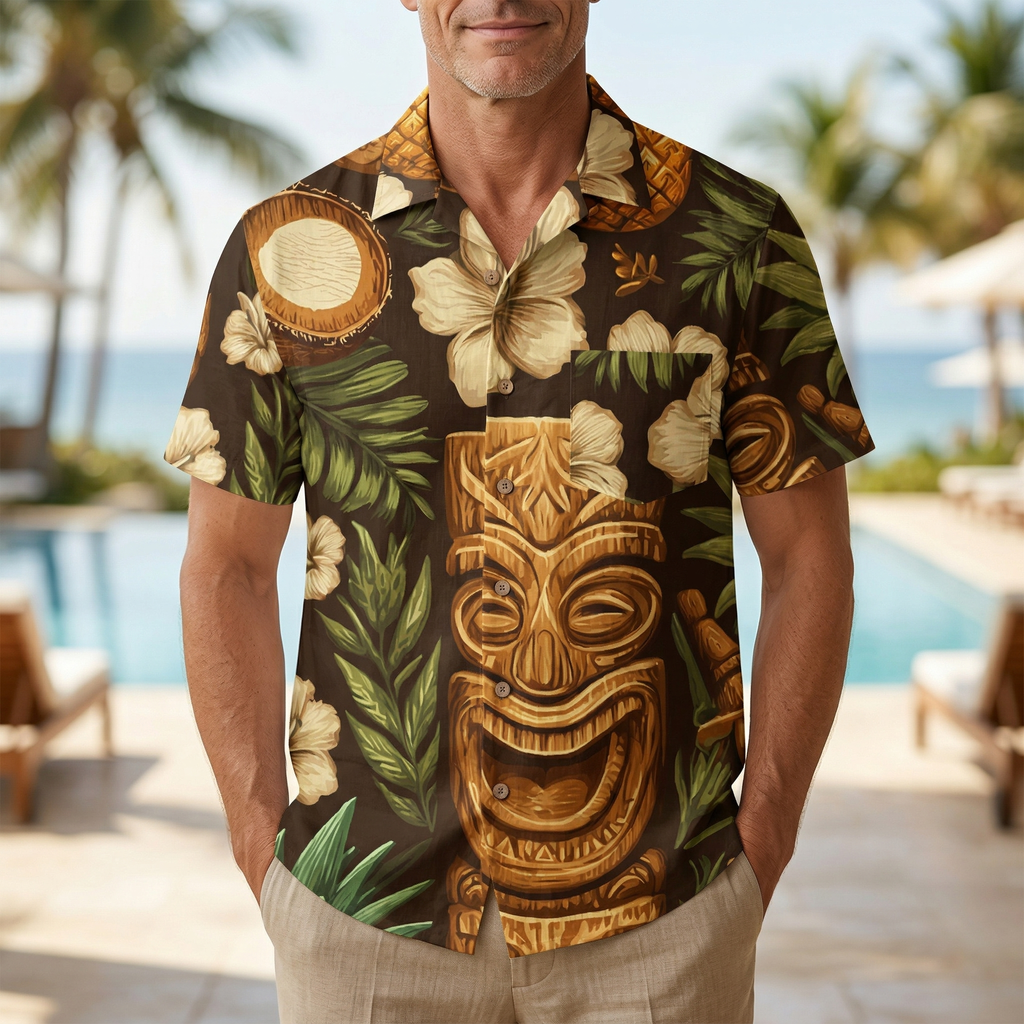 LeosWare® Men's Hawaiian Shirt Short Sleeve Button-up 95% Polyester, 5% Spandex Aloha Tiki Carve