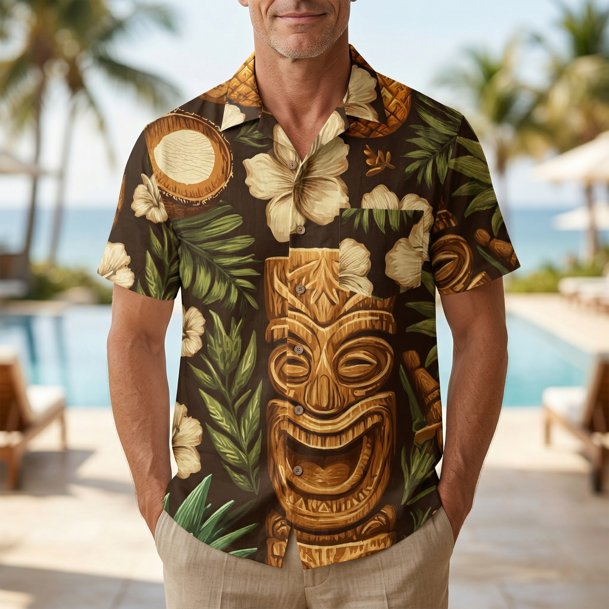 LeosWare® Men's Hawaiian Shirt Short Sleeve Button-up 95% Polyester, 5% Spandex Aloha Tiki Carve