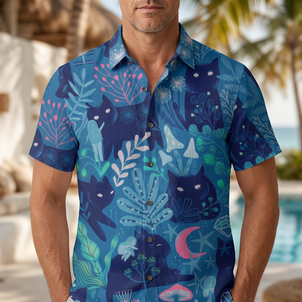 LeosWare® Men's Hawaiian Shirt Short Sleeve Button-up Breathable & Quick-Dry Aloha Midnight Cats