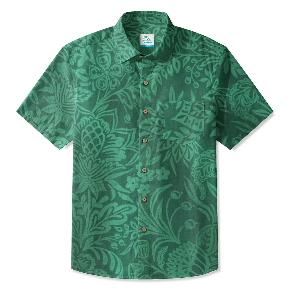 LeosWare® Men's Hawaiian Shirt Short Sleeve Button-up 95% Polyester, 5% Spandex Aloha Verdant Press