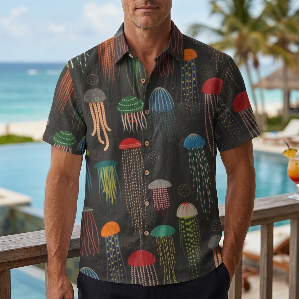 LeosWare® Men's Hawaiian Shirt Short Sleeve Button-up Breathable & Quick-Dry Aloha Nighttime Delight
