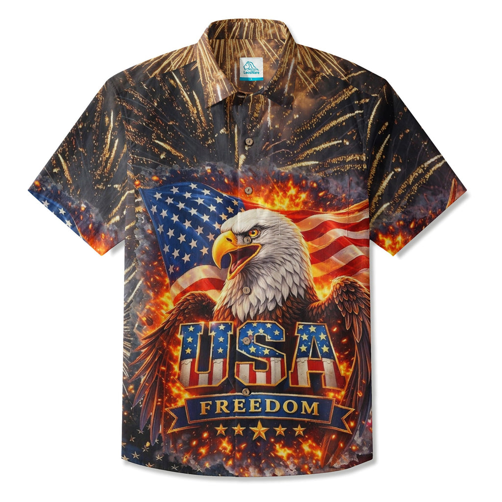 LeosWare® Men's Hawaiian Shirt Short Sleeve Button-up Breathable & Quick-Dry Aloha Freedom Eagle American Flag