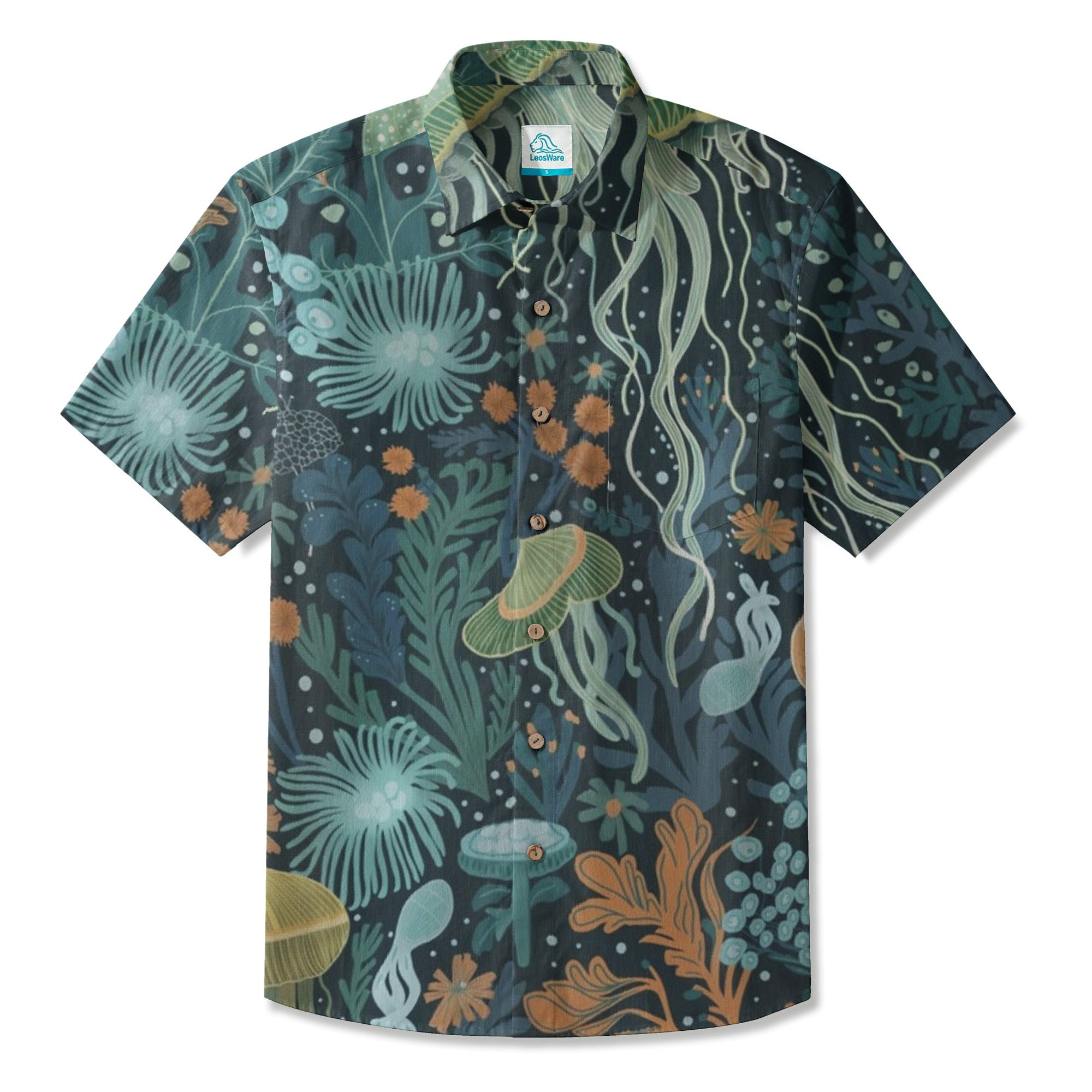 LeosWare® Men's Hawaiian Shirt Short Sleeve Button-up Breathable & Quick-Dry Aloha Ocean Garden